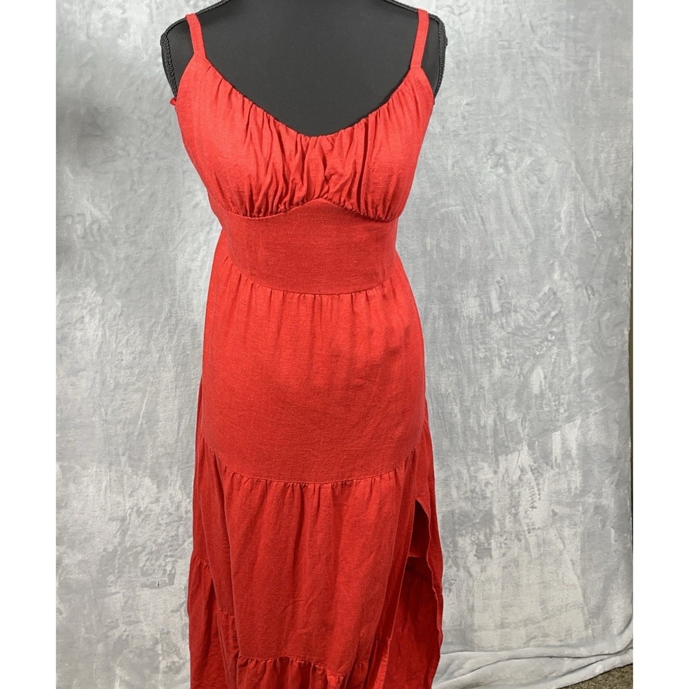 Hollister Maxi Dress L Red Linen Blend Strappy Tie Back Tiered‎ Y2K Boho Resort